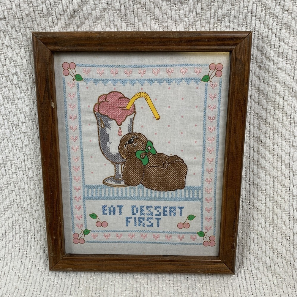 Vtg EAT DESSERT FIRST Completed CROSS STITCH Embroidery Bear Cafe Bakery Picture